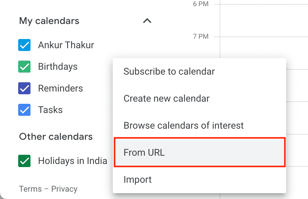 Add new calendar From URL in Google Calendar on the web