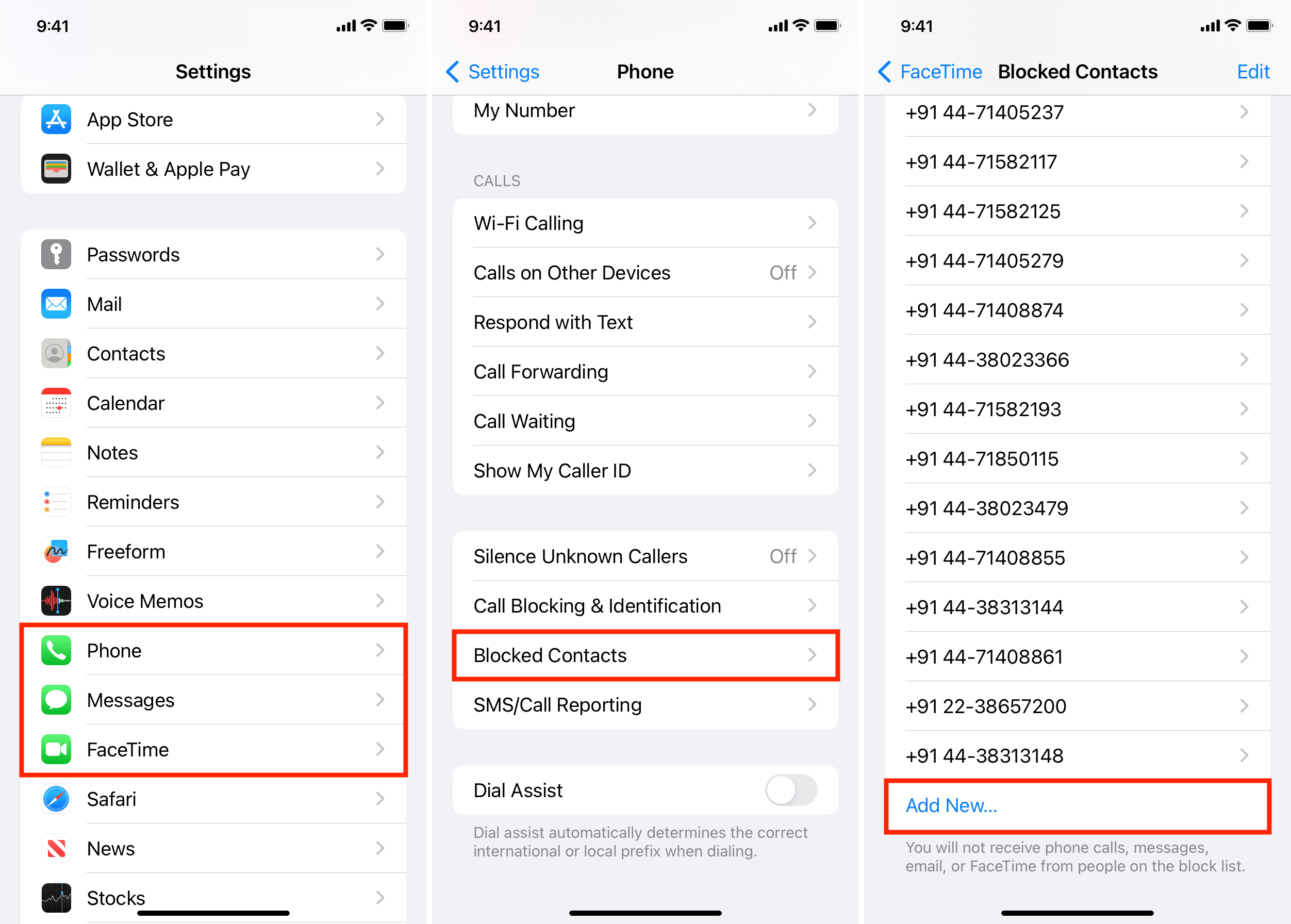 Add new entry to blocked list in iPhone Settings