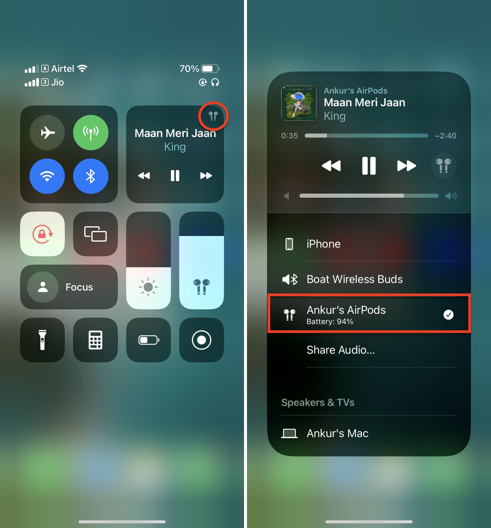 AirPods battery percentage in iPhone Now Playing tile of the Control Center