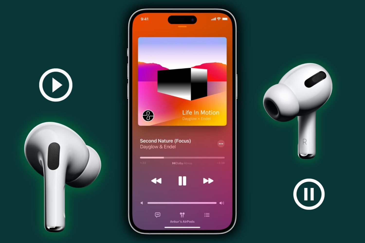 iPhone with music playing and two AirPods showing play and pause icons signifying automatic media playback and pause due to ear detection