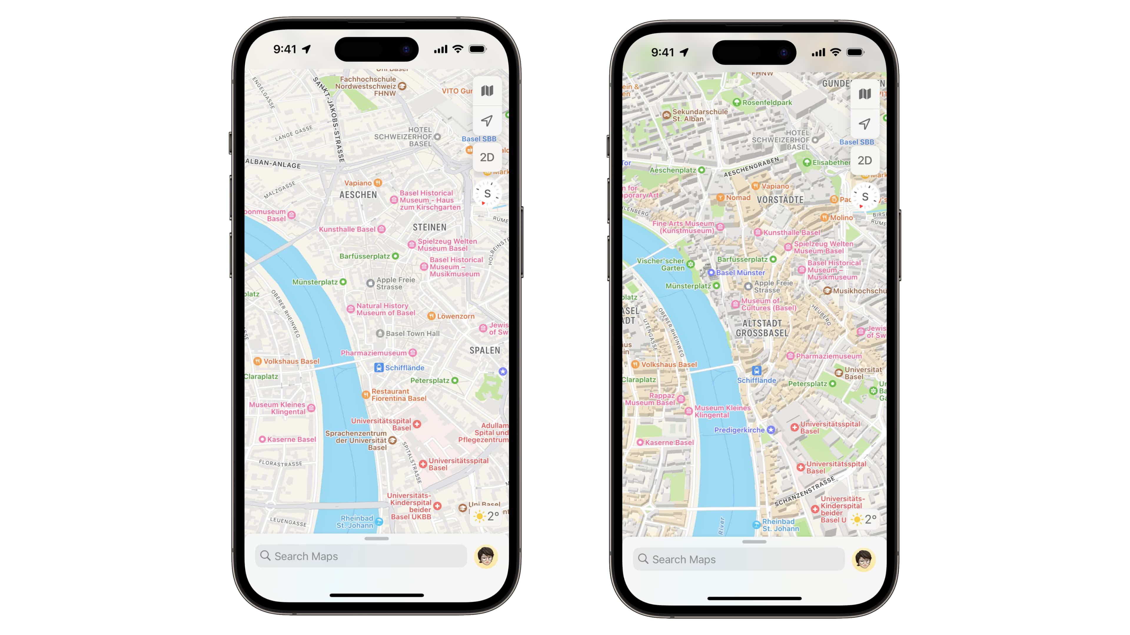Two iPhone screenshots showcasing redesigned Apple Maps for Basel, Switzerland with the before view at left and the after view at right.