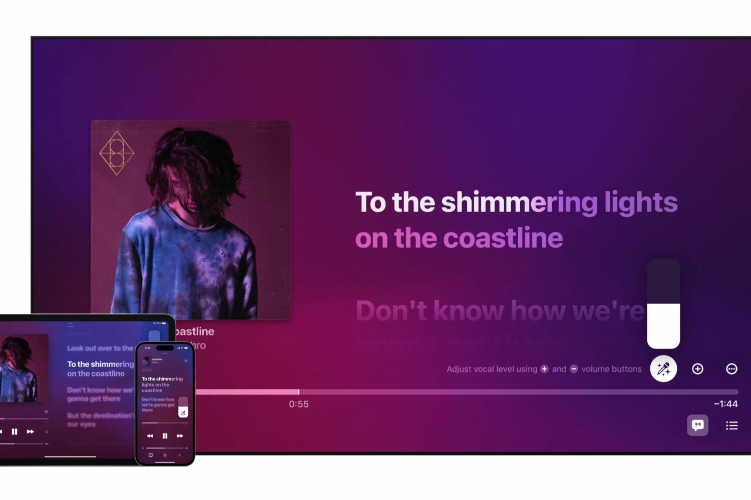 The Apple Music Sing feature showcasing lyrics views on iPhone, iPad and Apple TV