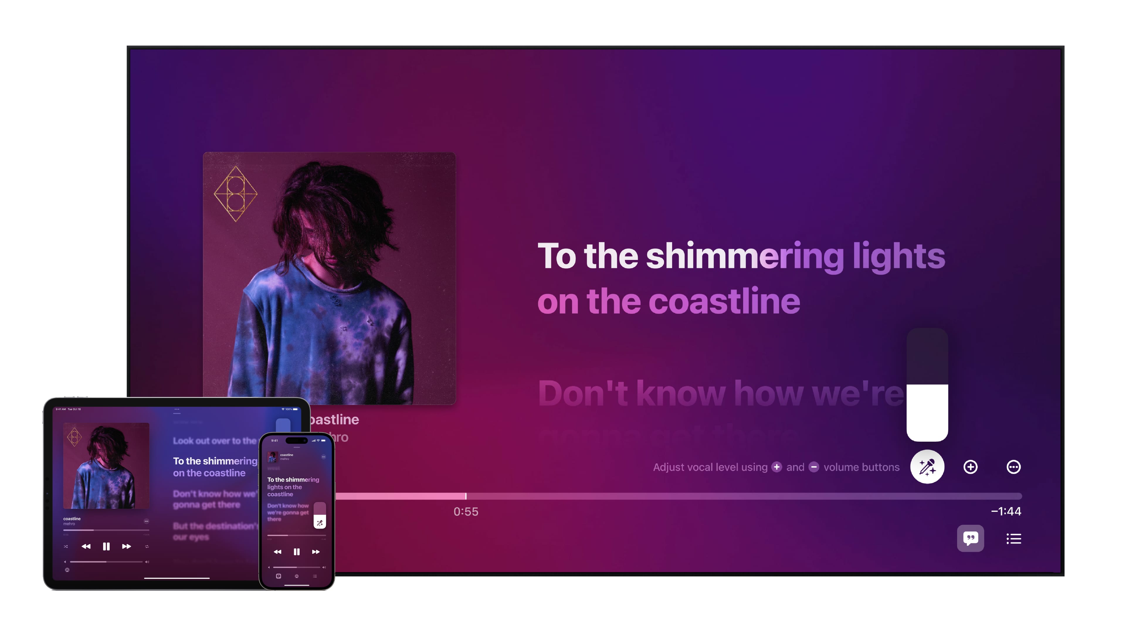 The Apple Music Sing feature showcasing lyrics views on iPhone, iPad and Apple TV