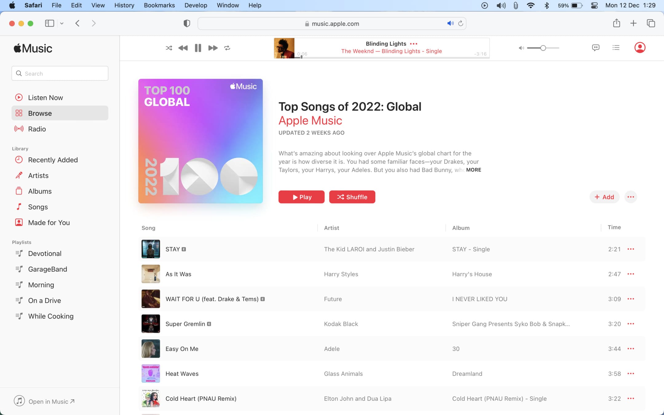 Apple Music playing in a web browser on computer