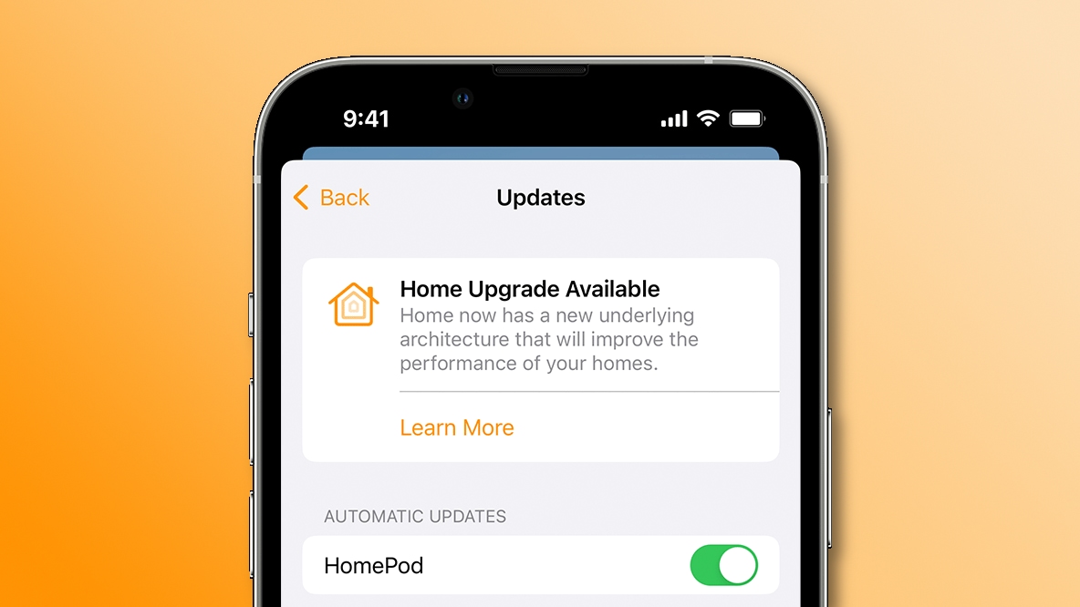iPhone screenshot of an upgrade prompt in iOS 16.2's Home app, set against a colorful background