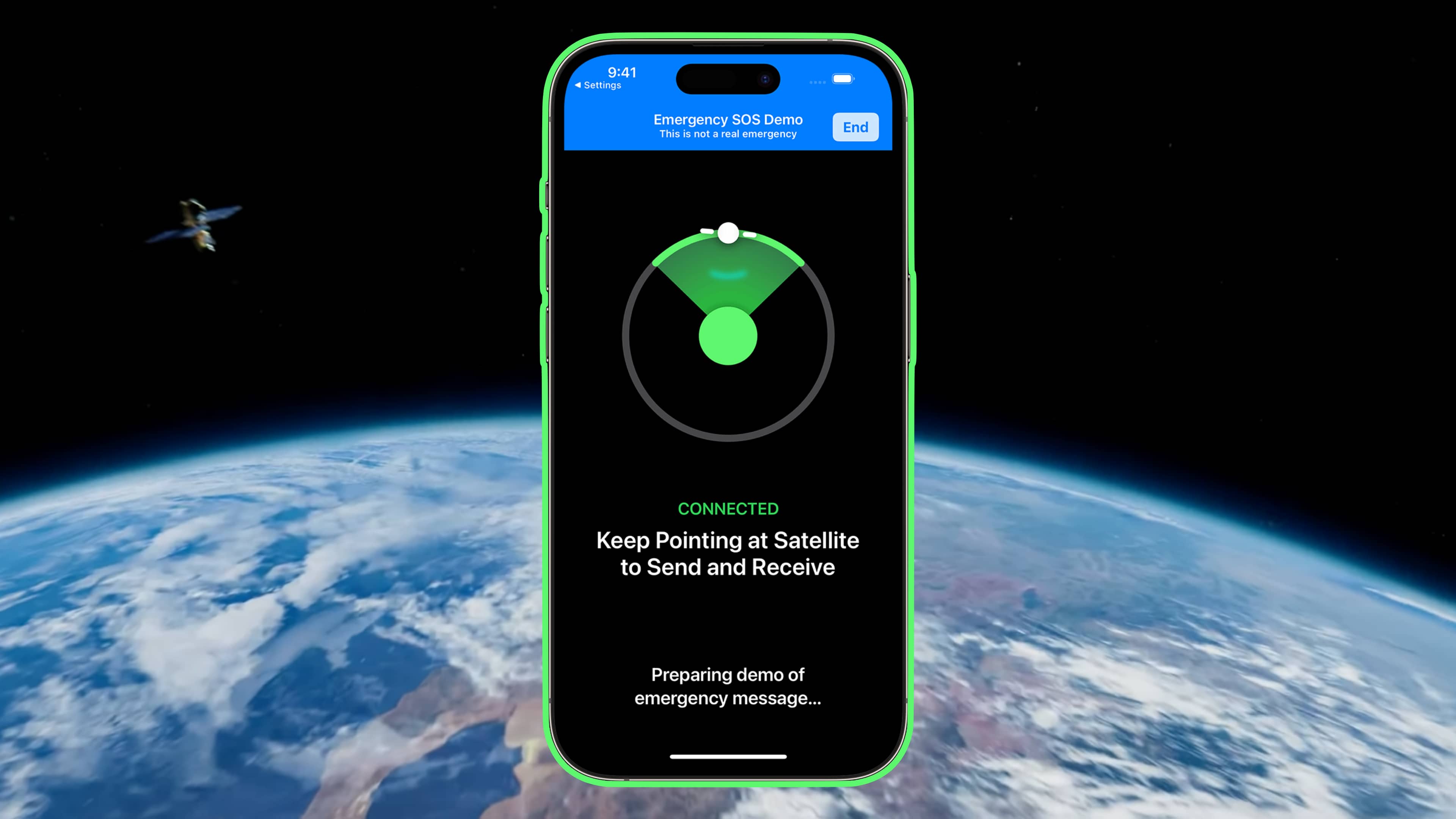 Composition showing an iPhone 14 Pro with the Emergency SOS via satellite demo, set against an image of Earth and an orbiting satellite in the background
