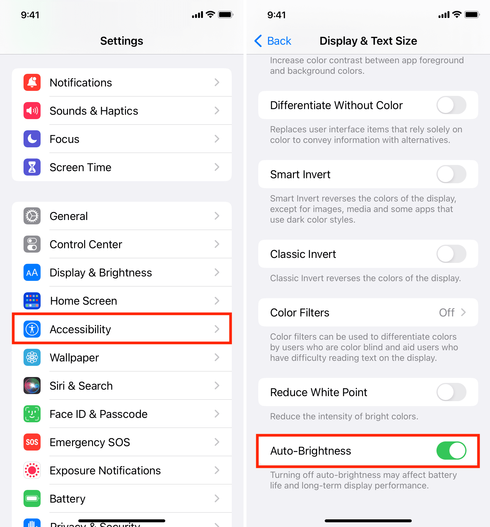 Auto-Brightness in iPhone Accessibility settings