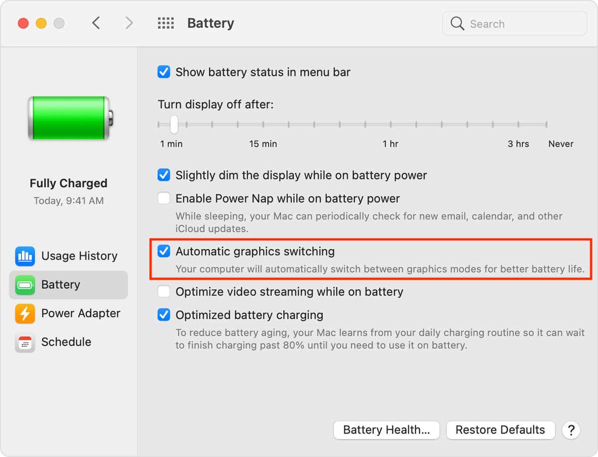 Automatic graphics switching in Mac battery settings