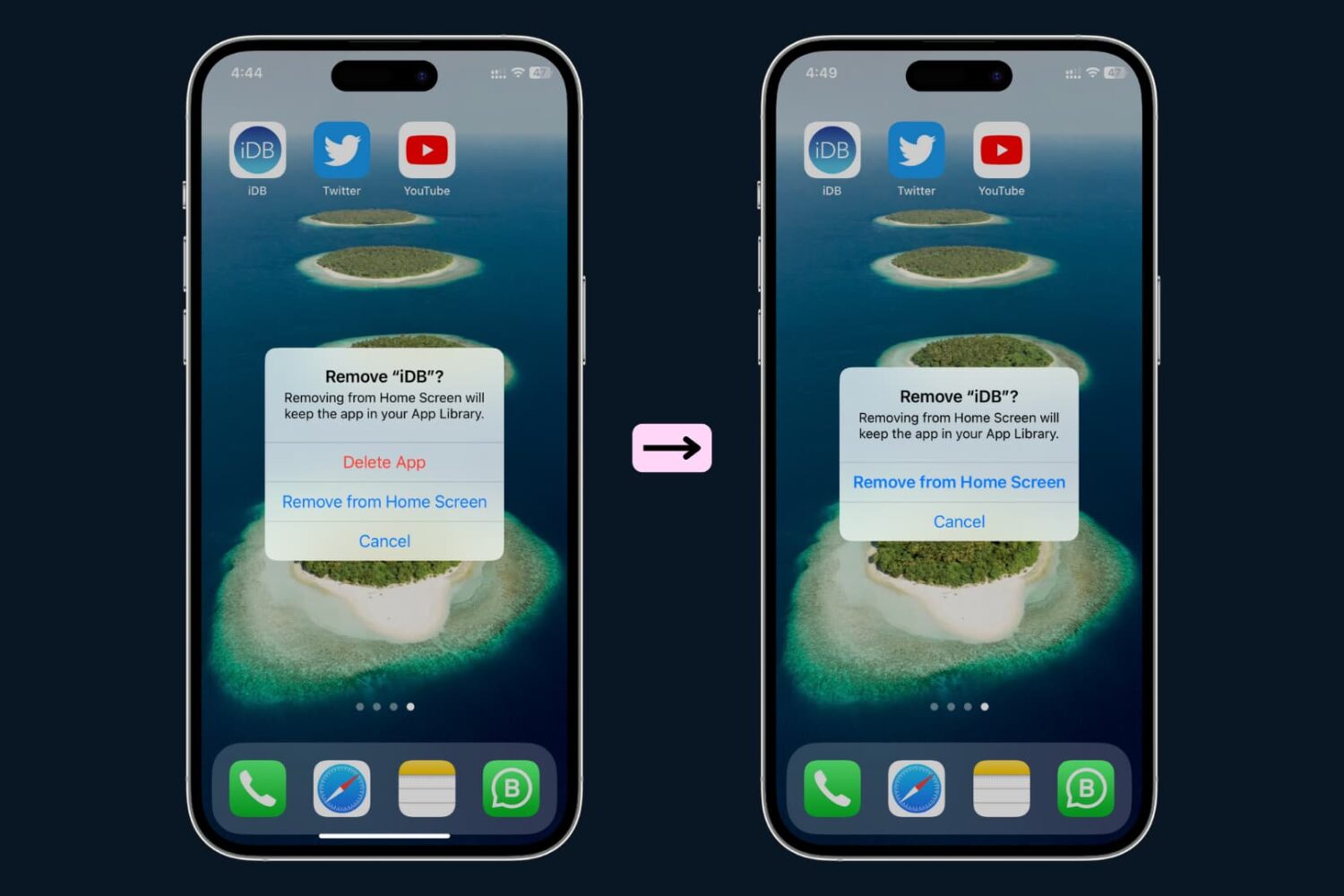 Two iPhones with one showing the option to delete an app while the other doesn't have that option