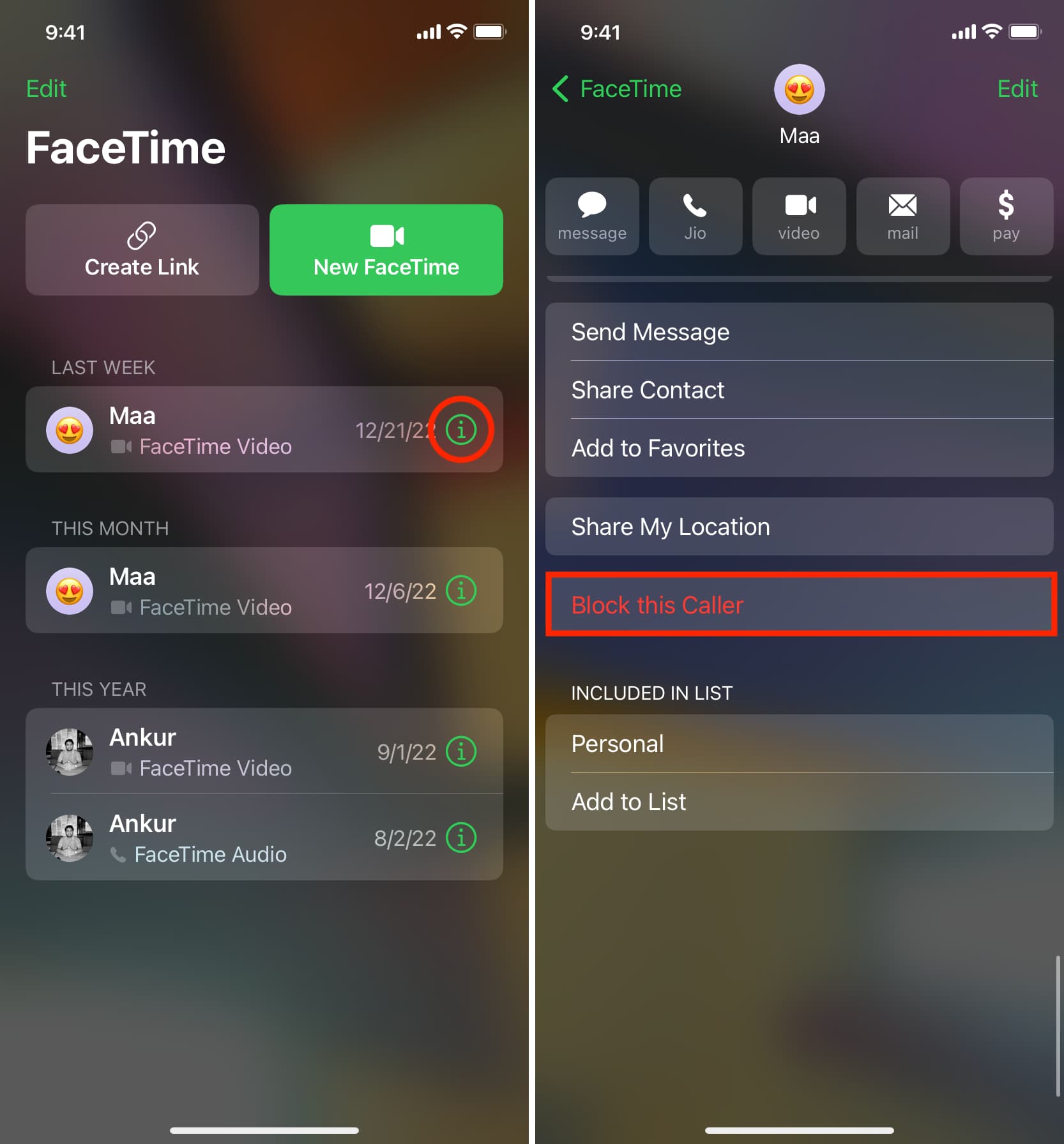 Block caller in FaceTime app on iPhone