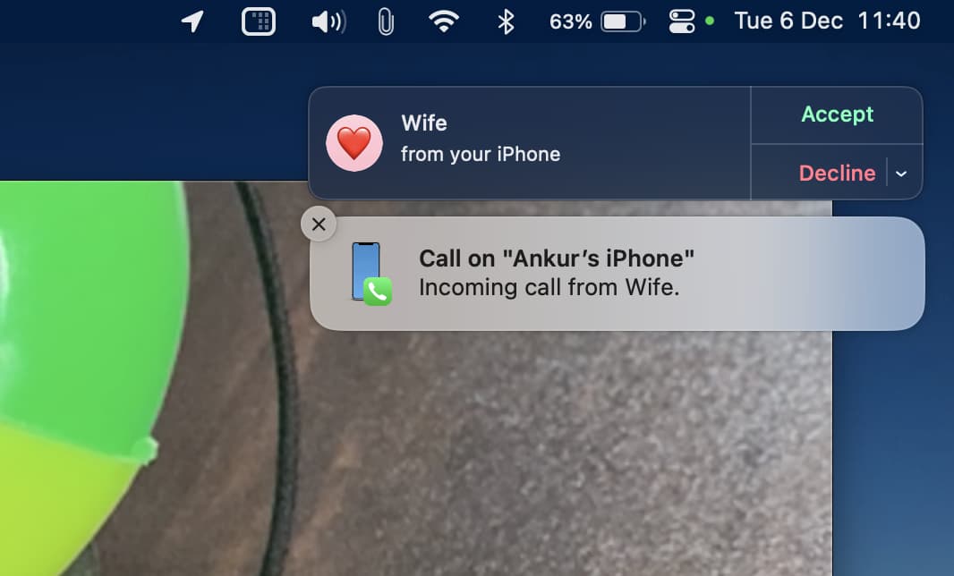 Anrufbenachrichtigung auf dem iPhone auf dem Mac bei Verwendung der Durchgangskamera