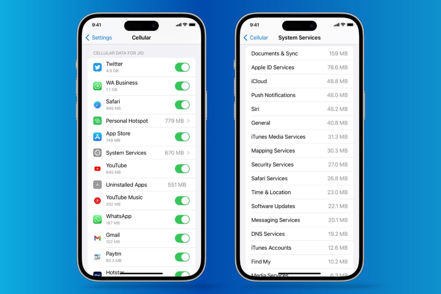 Cellular data used by each app and system service on iPhone