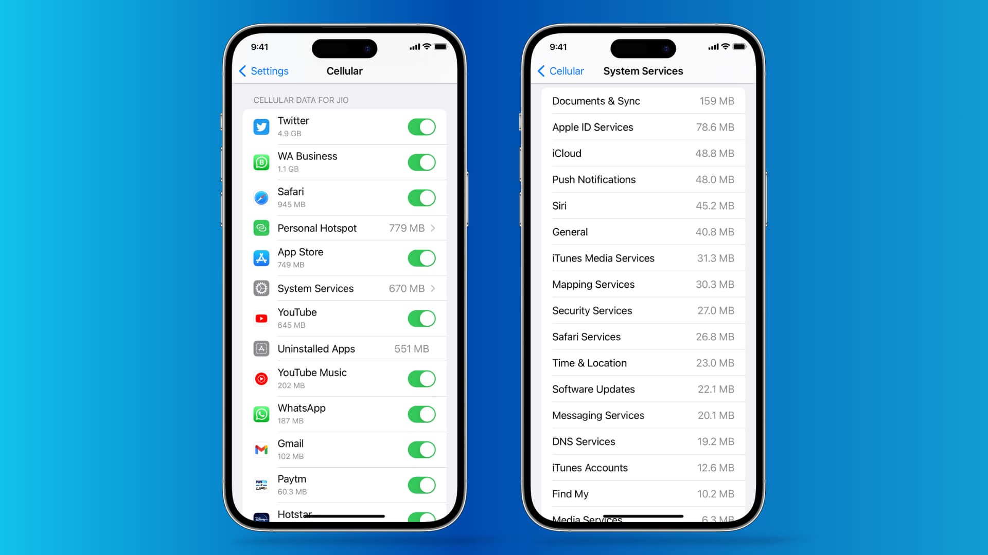Cellular data used by each app and system service on iPhone