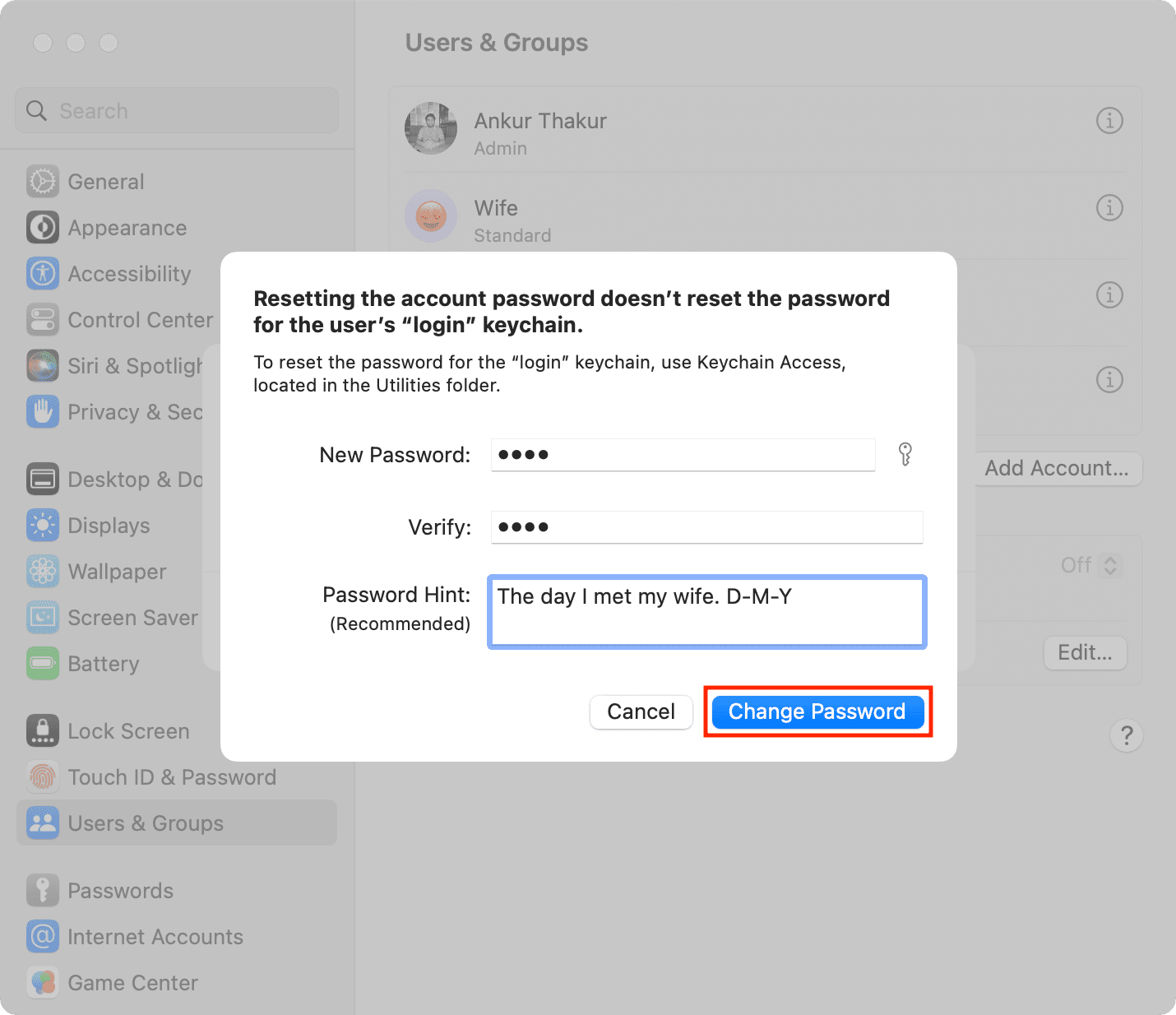 Change Password for Mac user account