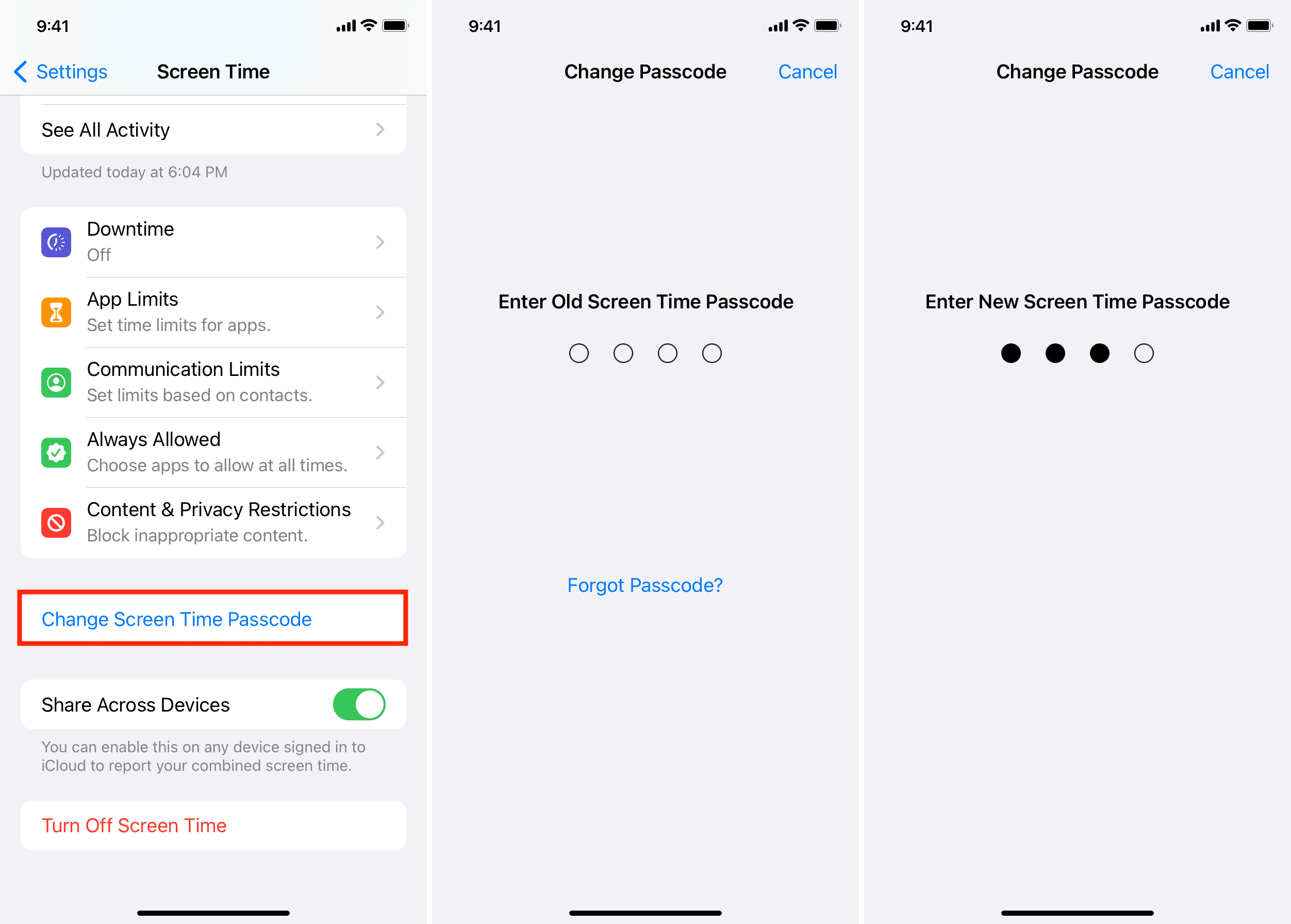 Change Screen Time Passcode on iPhone and enter the old and new Screen Time passcode