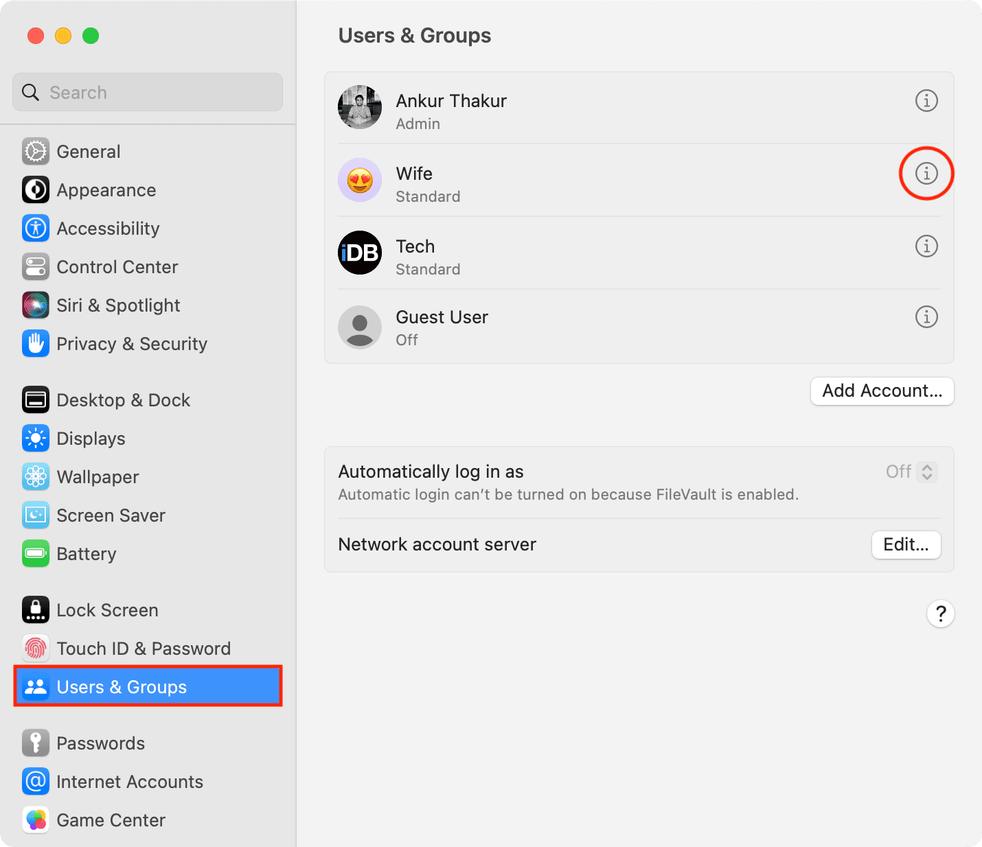 Click info button for a user in Mac System Settings