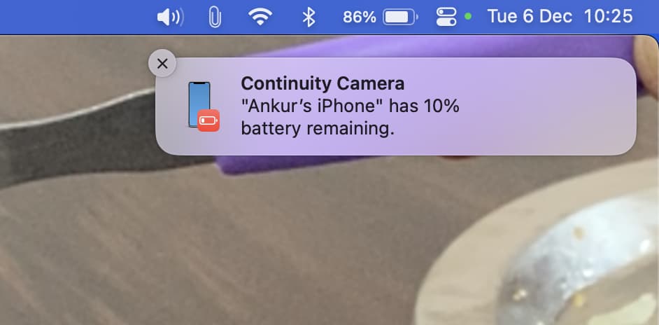 Continuity Camera Low iPhone battery notification on Mac