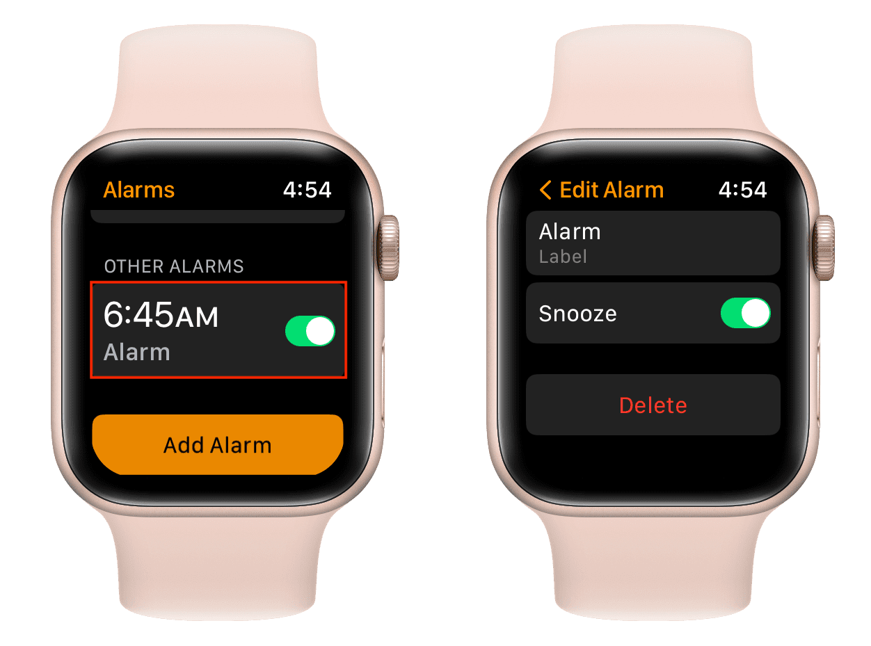 Delete an alarm on Apple Watch