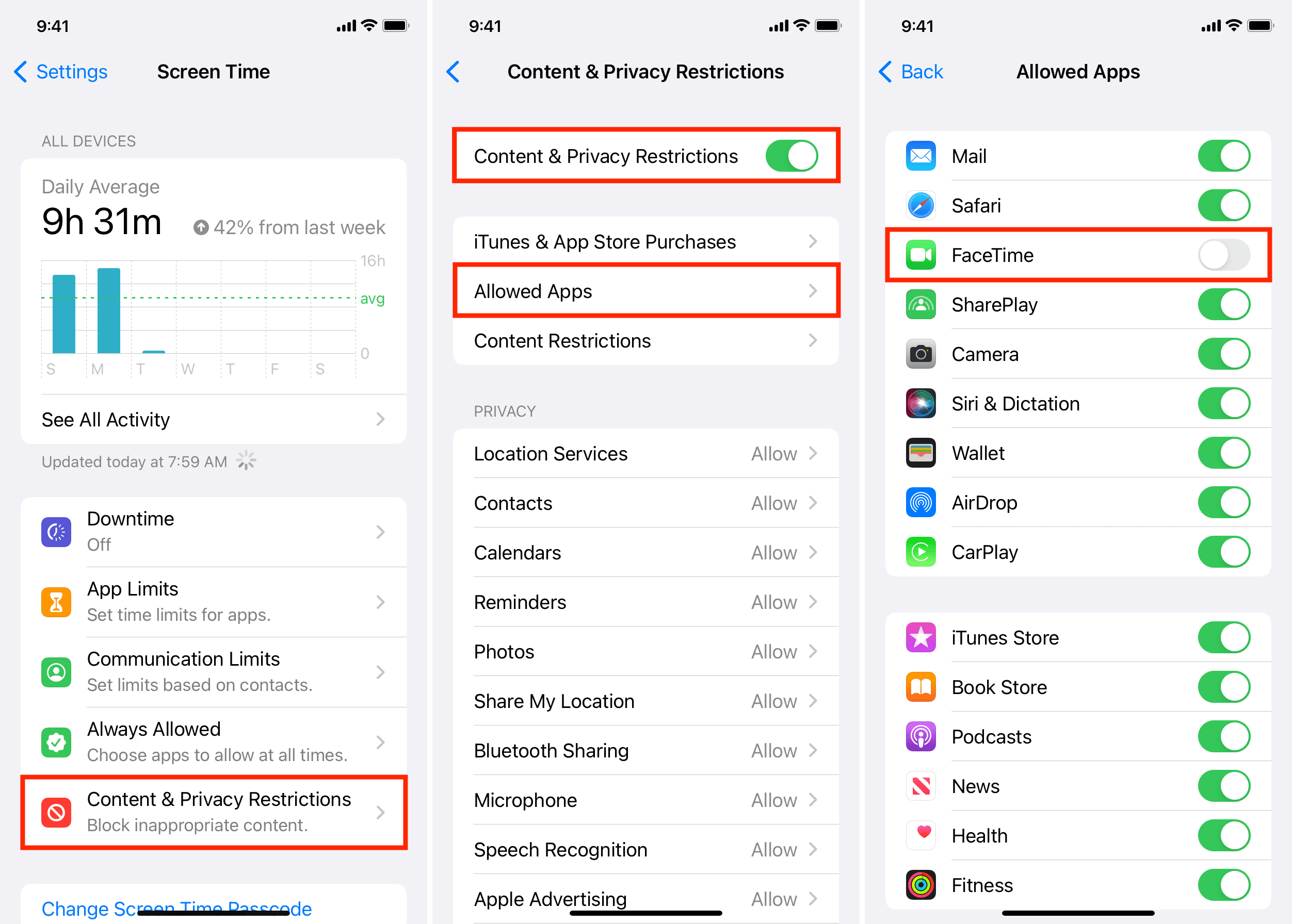 Disable FaceTime on iPhone from Screen Time settings