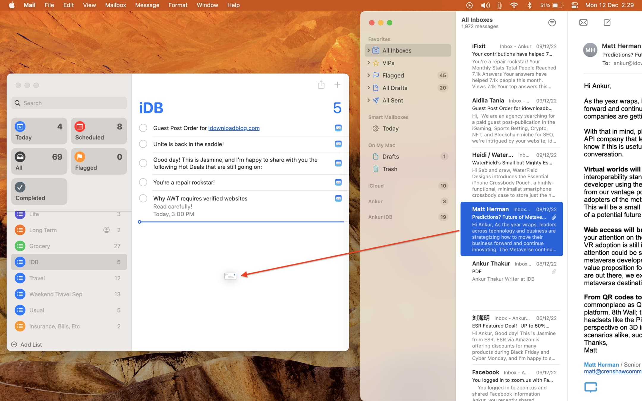 Drag email to Reminders app on Mac