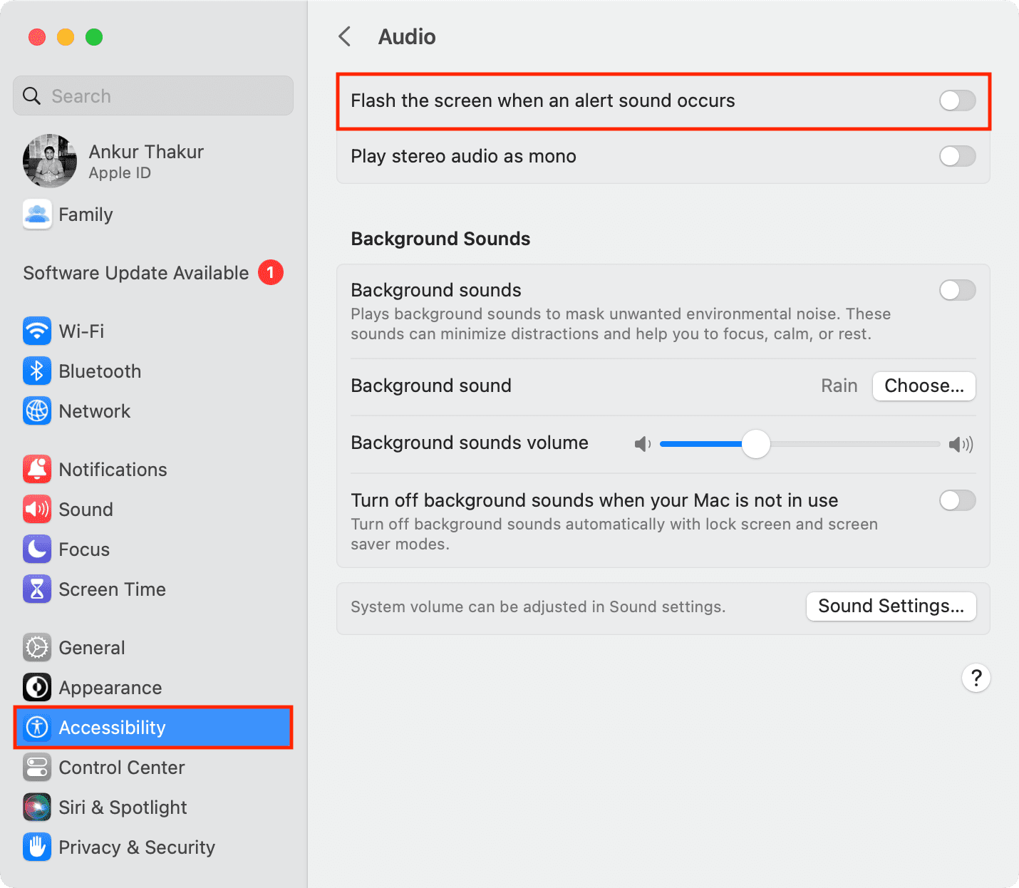 Turn off Flash the screen when an alert sound occurs on Mac