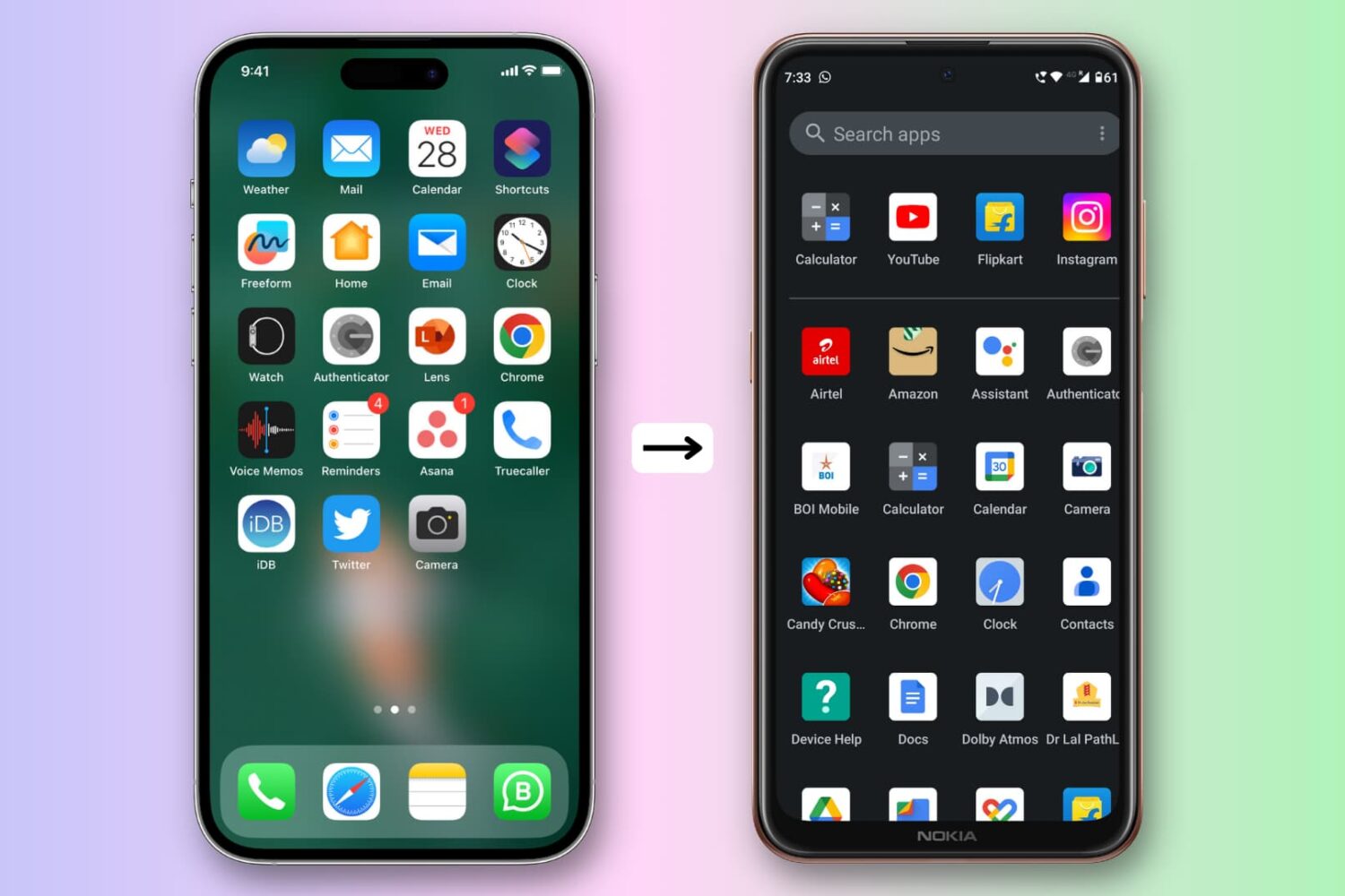 An iPhone 14 Pro and an Android phone are kept side by side with an arrow pointing toward the Android phone, signifying the move from iOS to Android