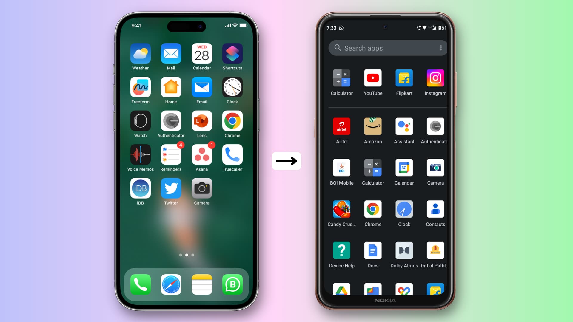 An iPhone 14 Pro and an Android phone are kept side by side with an arrow pointing toward the Android phone, signifying the move from iOS to Android
