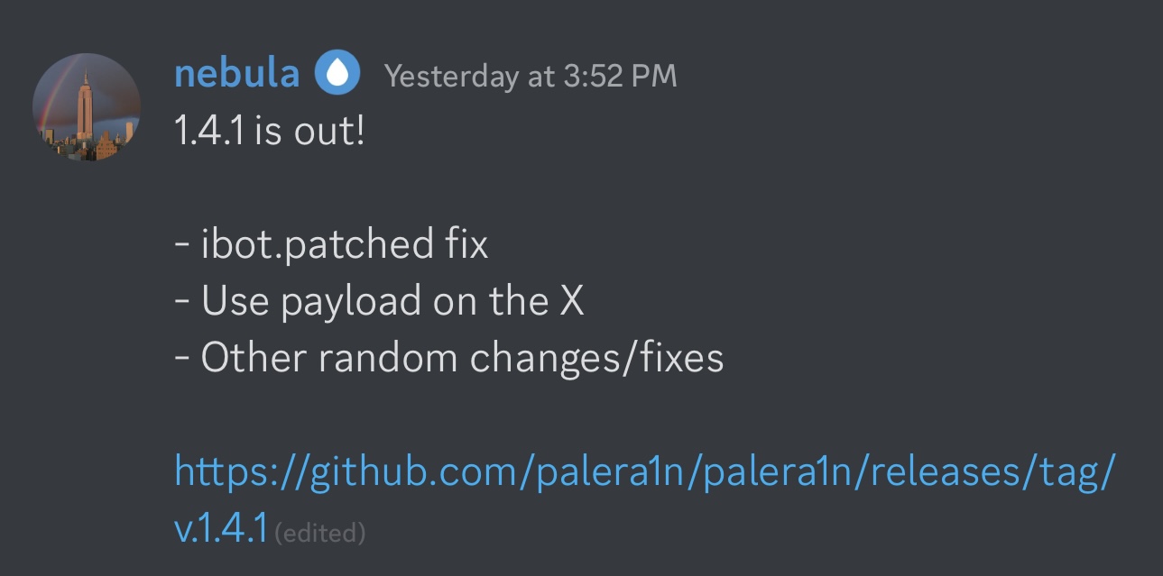 Nebula announces palera1n version 1.4.1 being released.