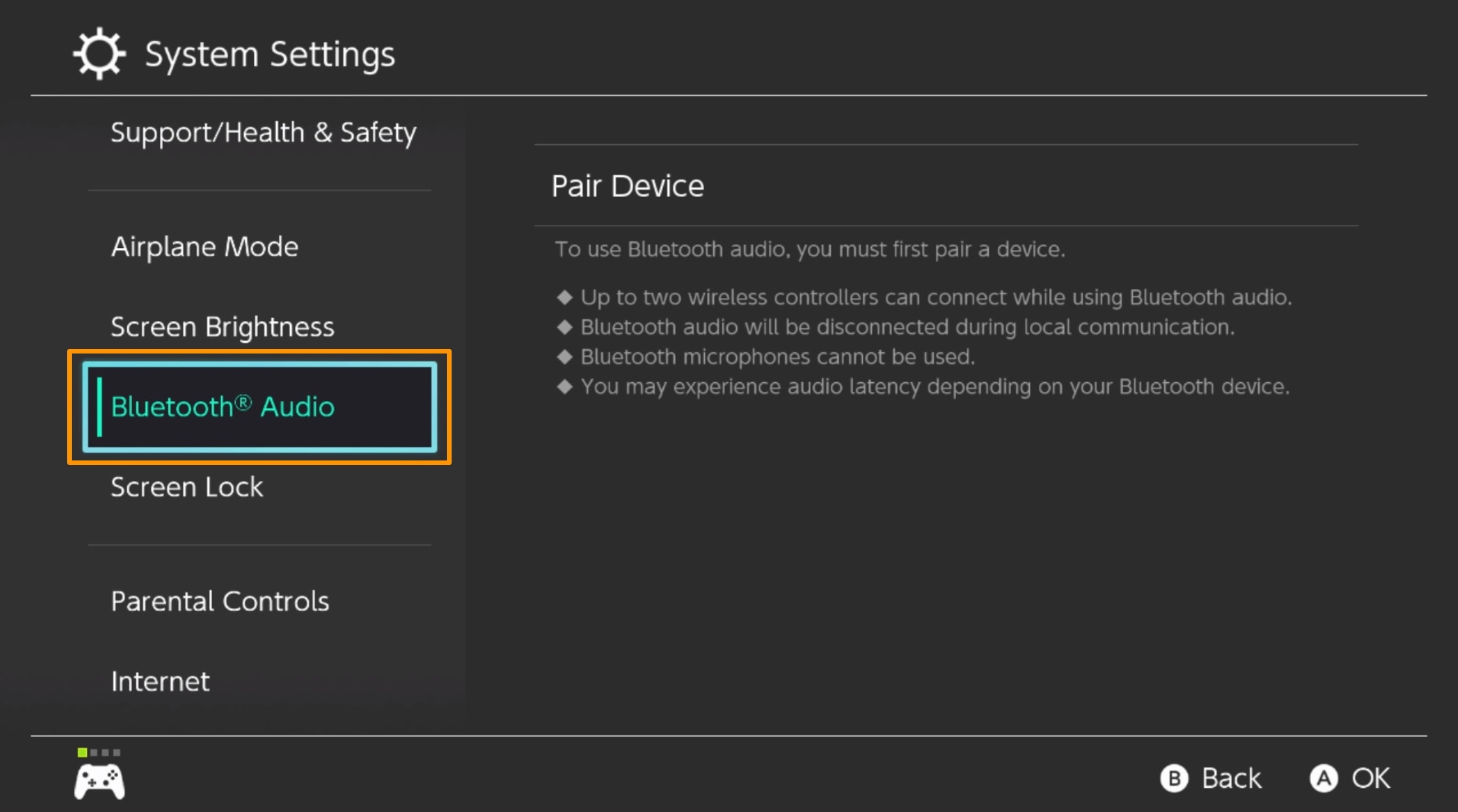 Bluetooth Audio preference pane in Nintendo Switch settings app.