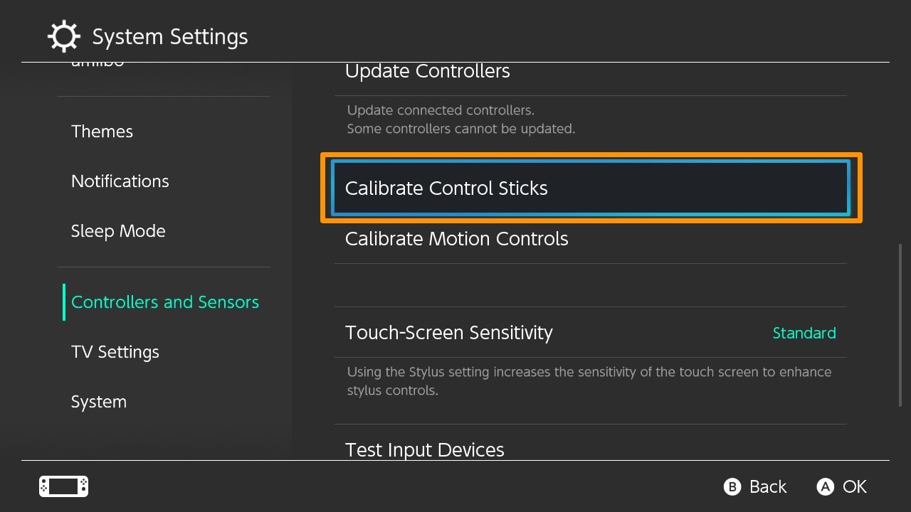 Nintendo Switch Calibrate Control Sticks option.