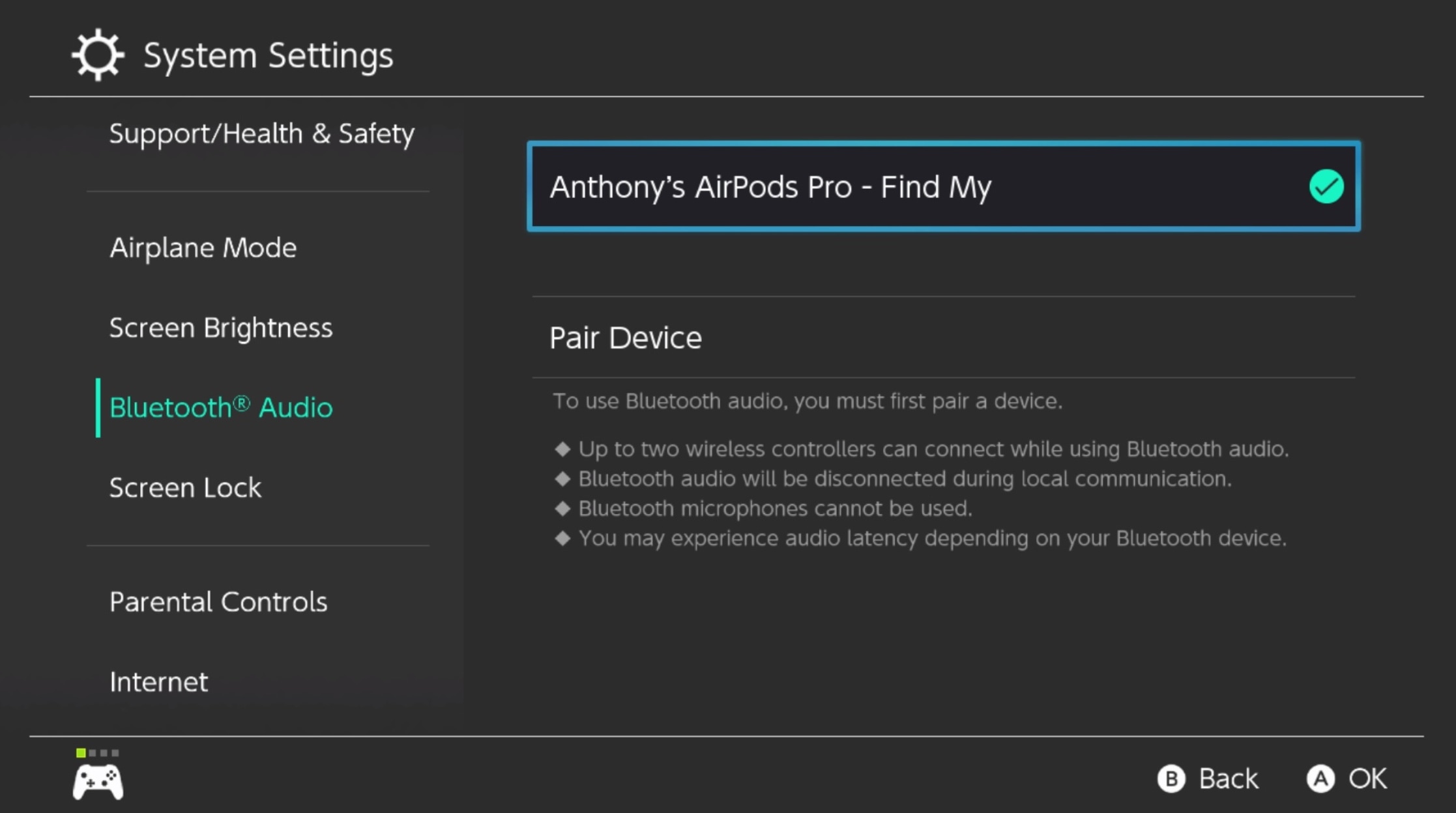 AirPods Pro 2 in Nintendo Switch's paired Bluetooth audio device list.