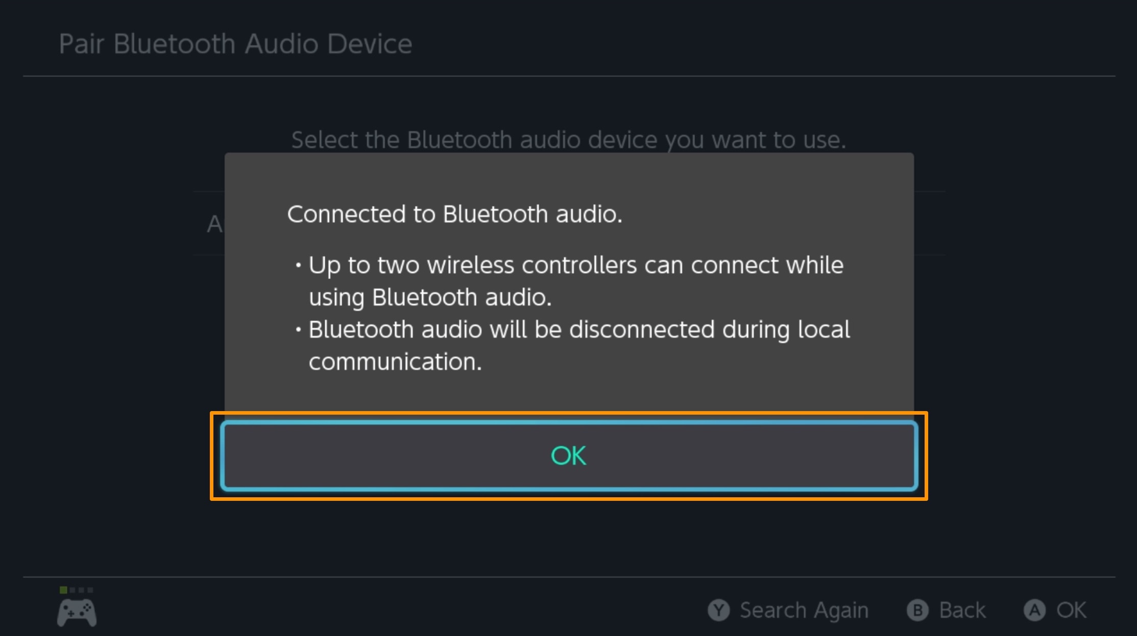 Nintendo Switch successfully pairs with Bluetooth audio device.