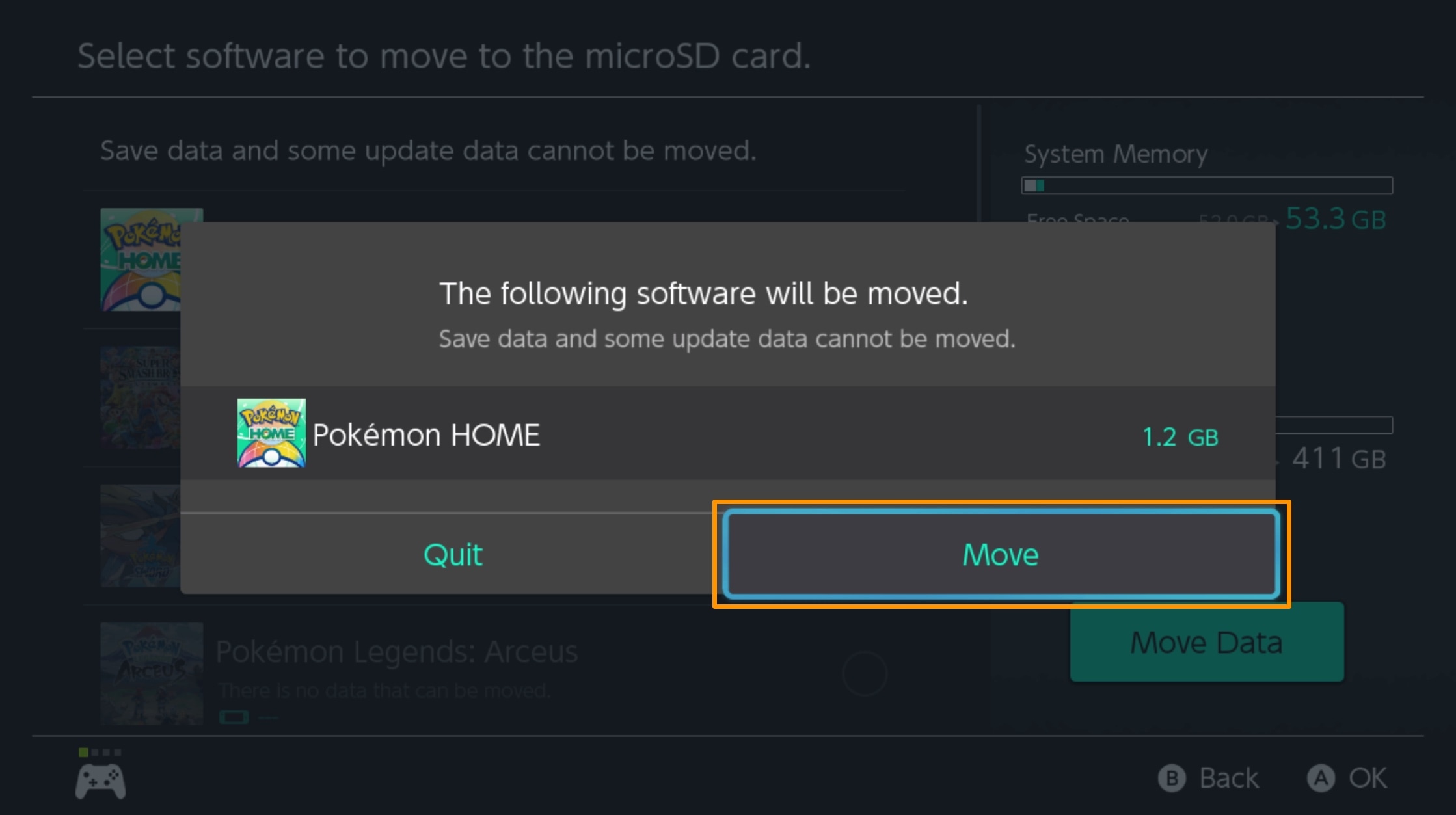 Nintendo Switch microSD move confirmation message.