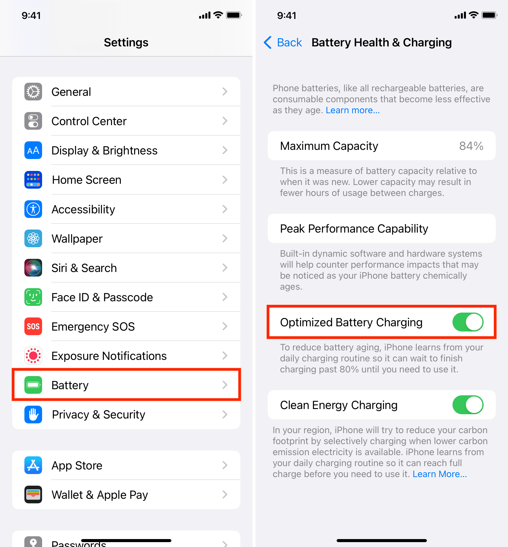 Optimized Battery Charging enabled on iPhone