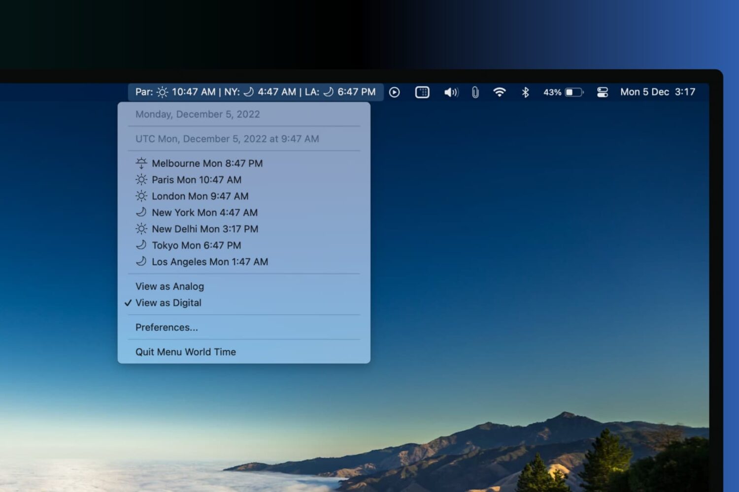 Day and time of cities in other time zones being displayed in the Mac menu bar