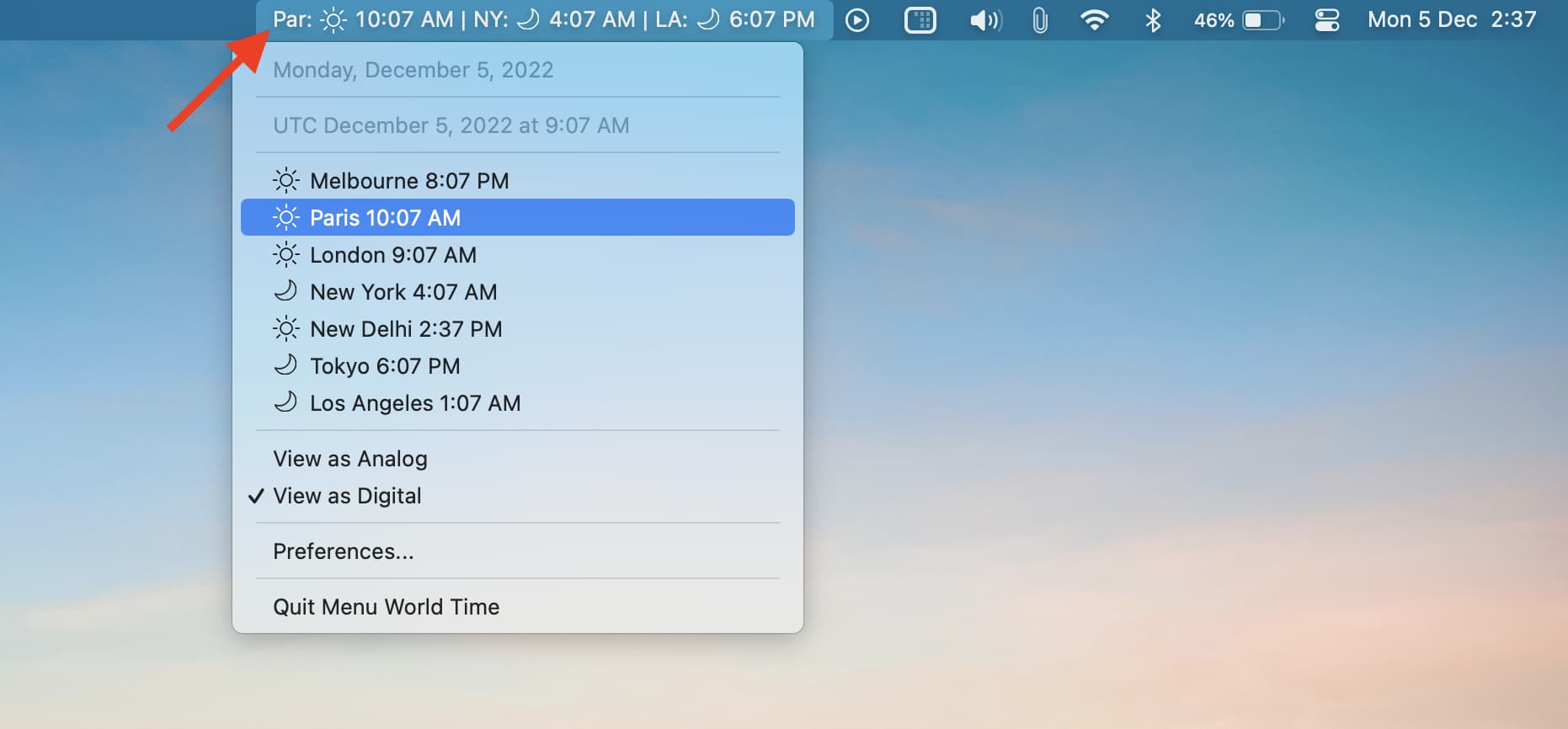 Permanently display city time in Mac menu bar