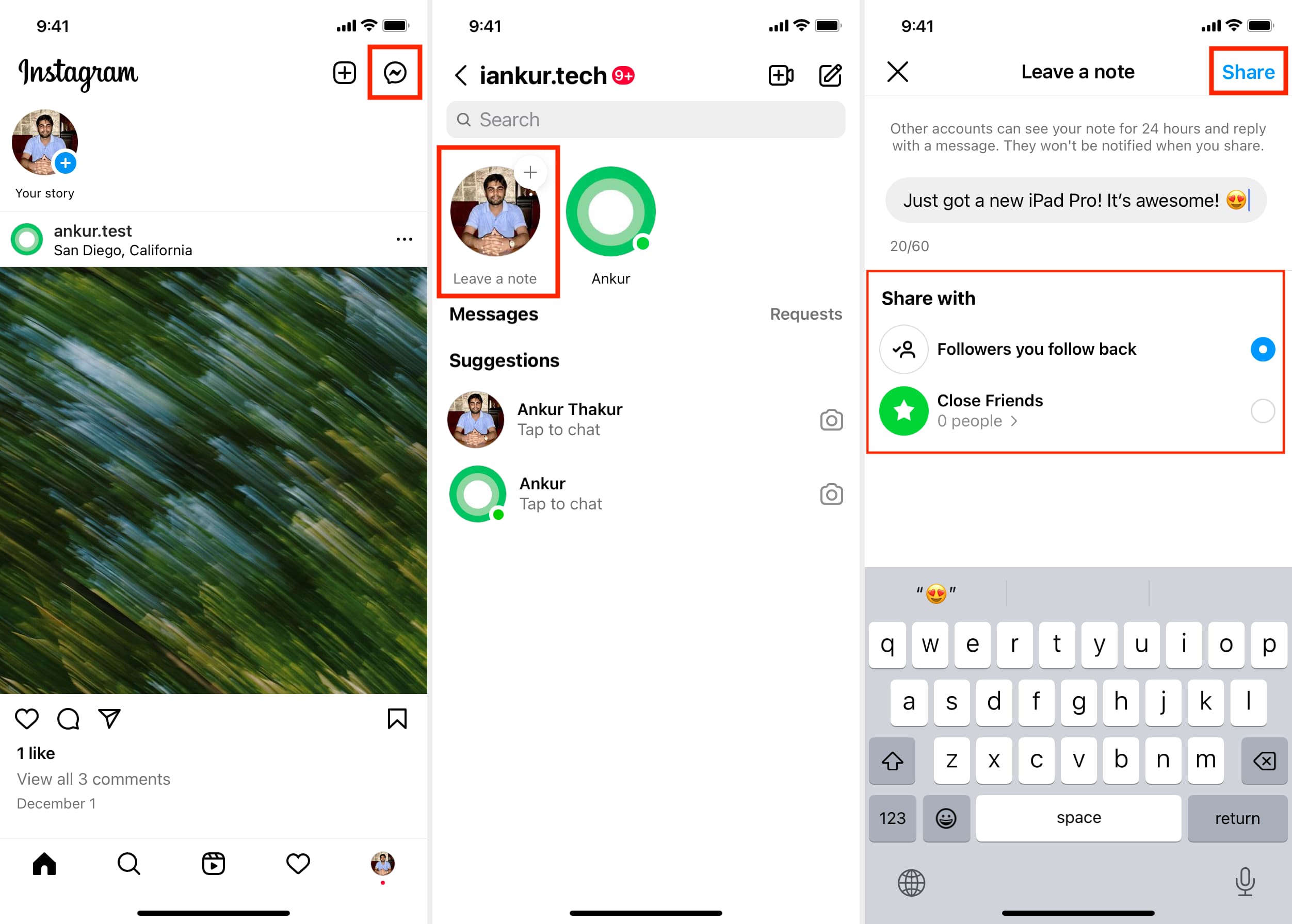 Three iPhone screenshots showing how to put Instagram Notes