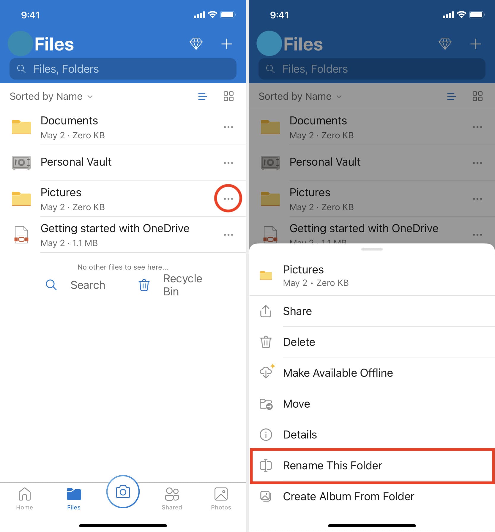 Rename file in OneDrive app on iPhone