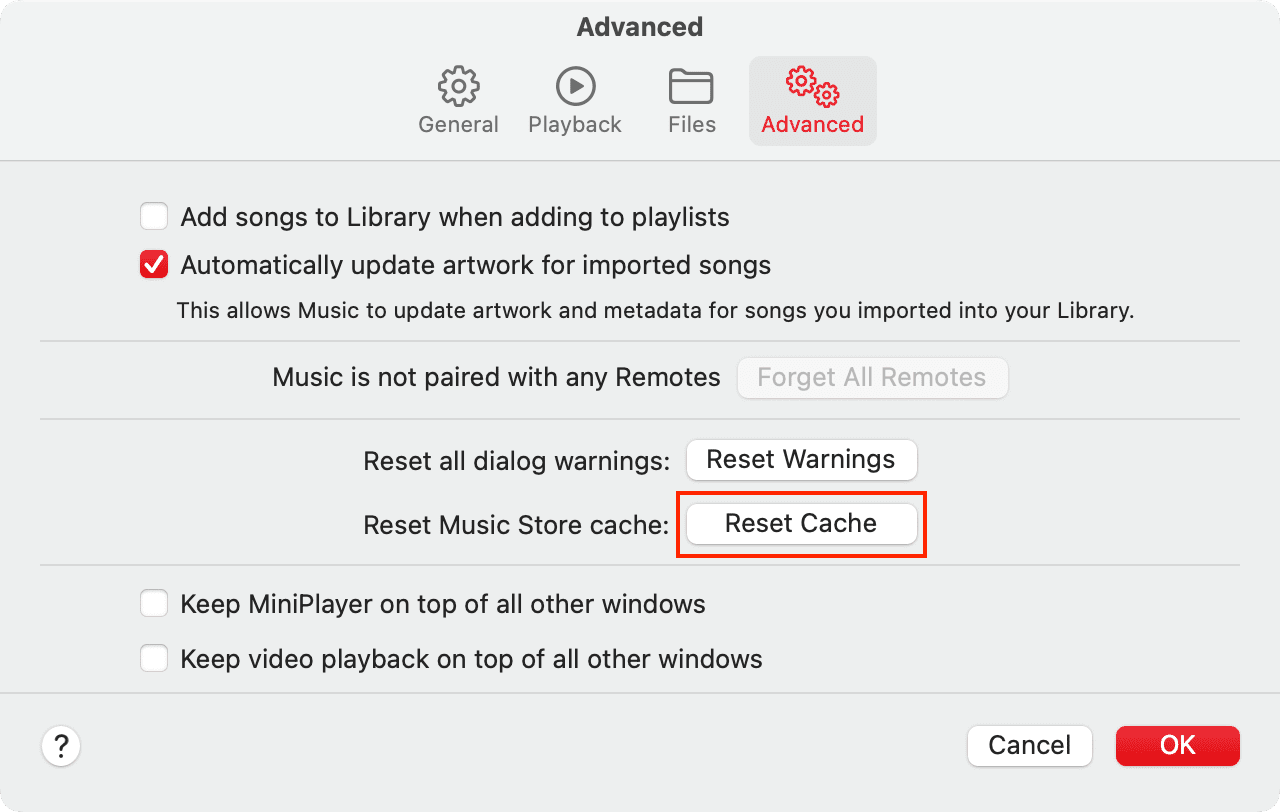 Reset Music Store cache to prevent Apple Music from pausing randomly