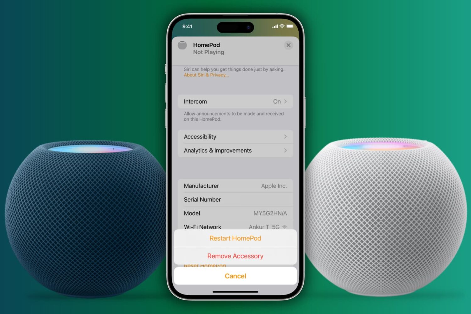 A white and blue HomePod mini kept near an iPhone with the Restart HomePod option on the screen
