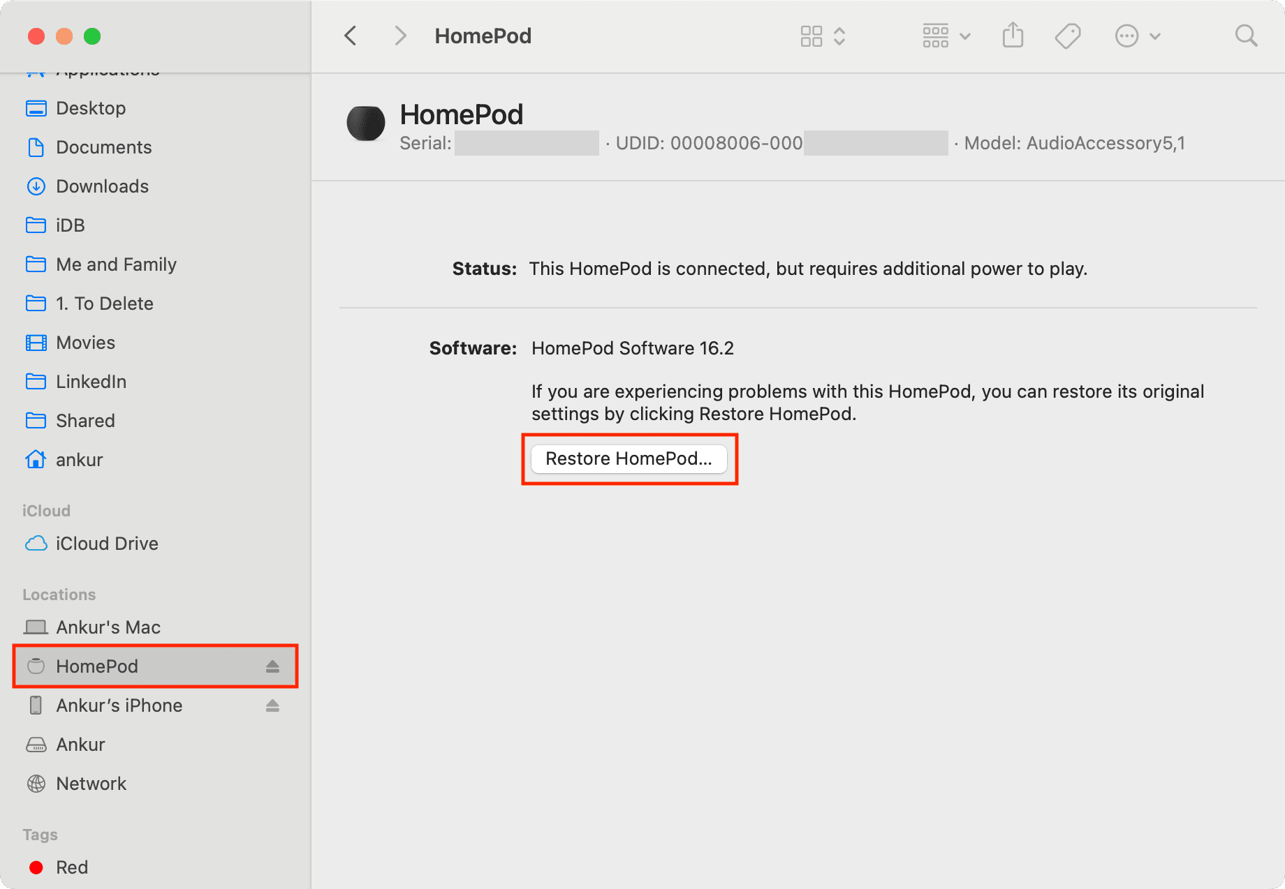 Restore HomePod using Finder on Mac