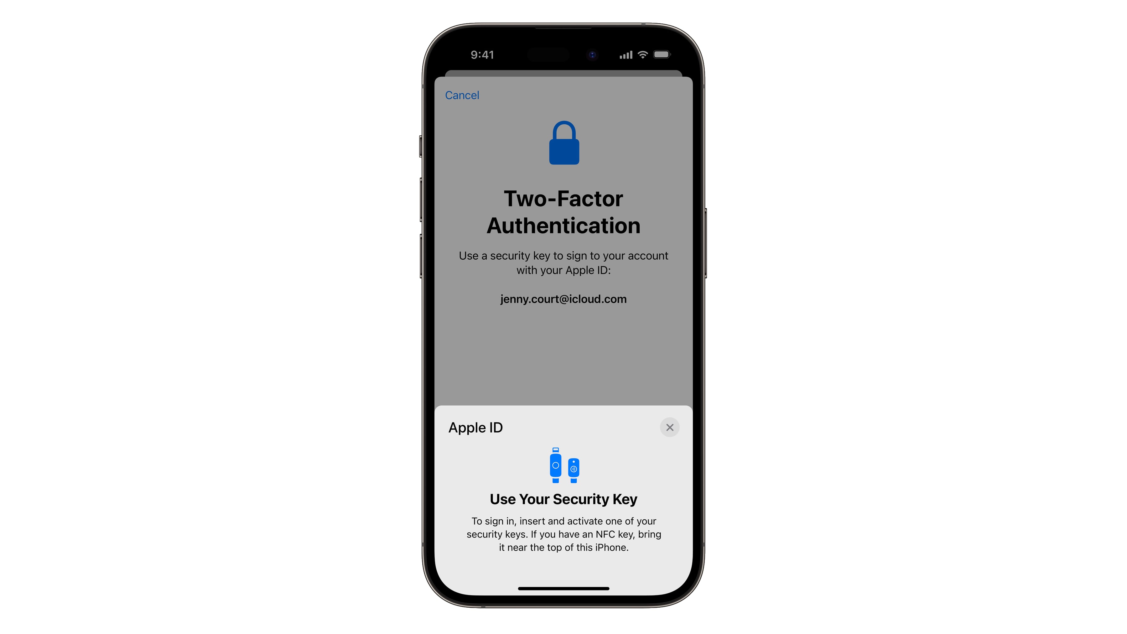 iPhone screenshot showcasing authenticating Apple ID access with a hardware security key