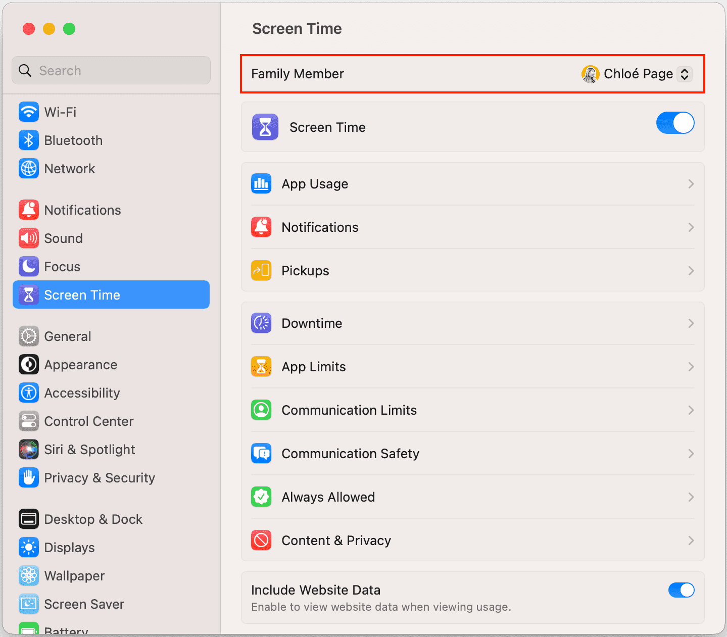 Select family member in Screen Time settings on Family Organizer's Mac