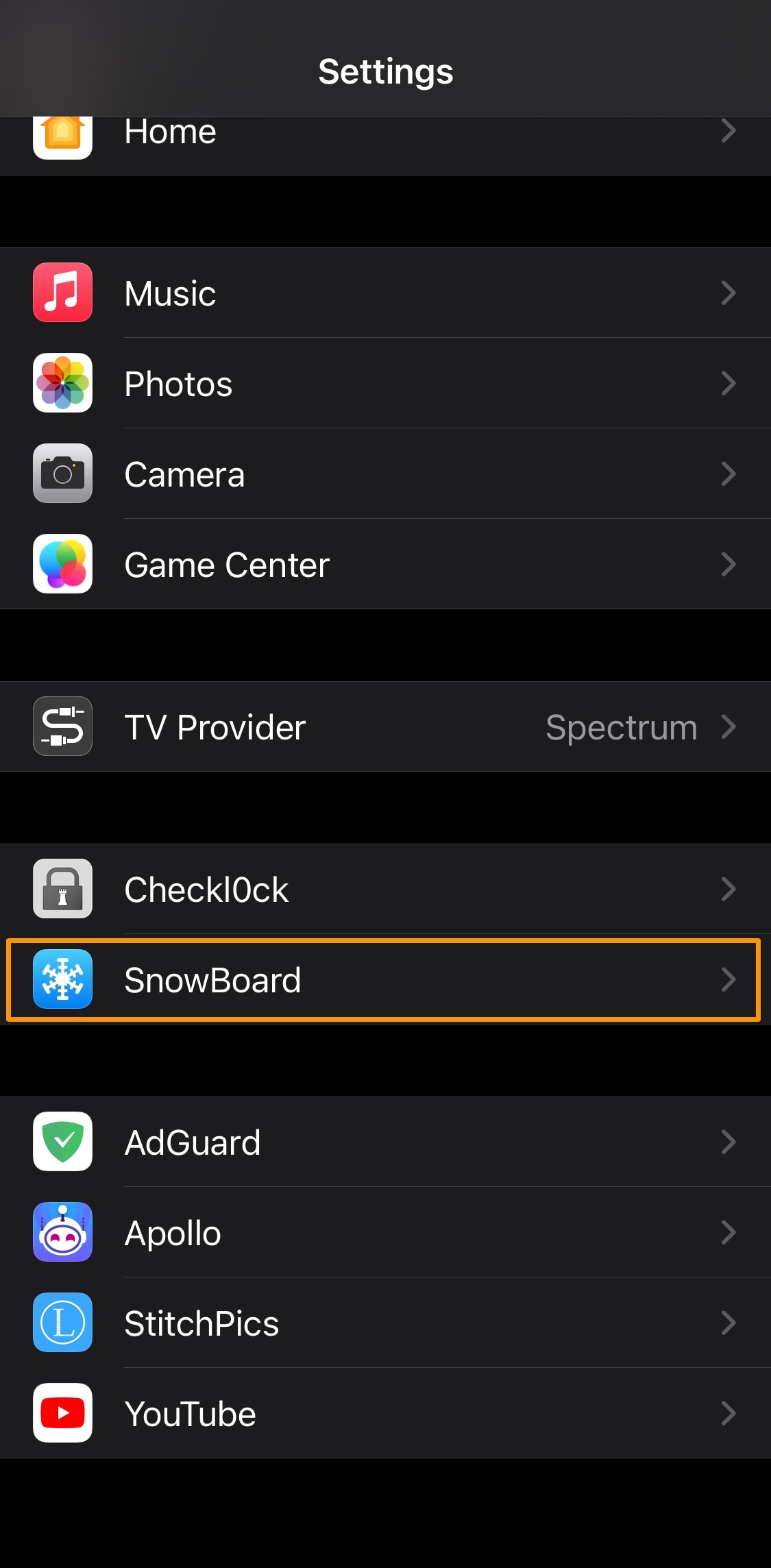 SnowBoard preference pane in Settings app.