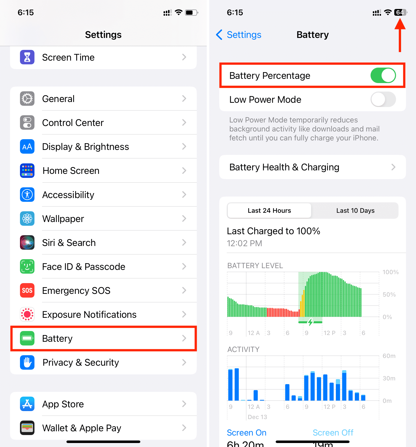 Show iPhone battery percentage in top status bar