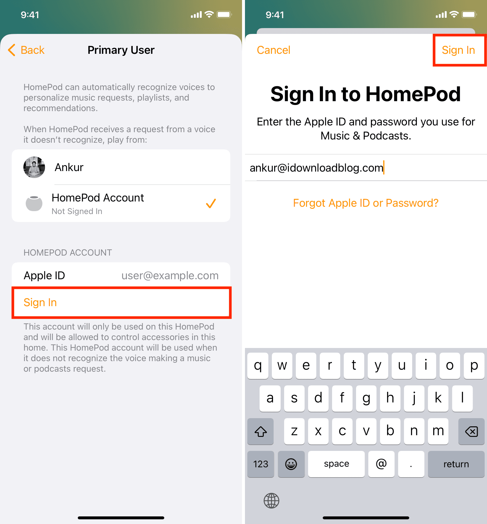 Sign In with another Apple ID on your HomePod