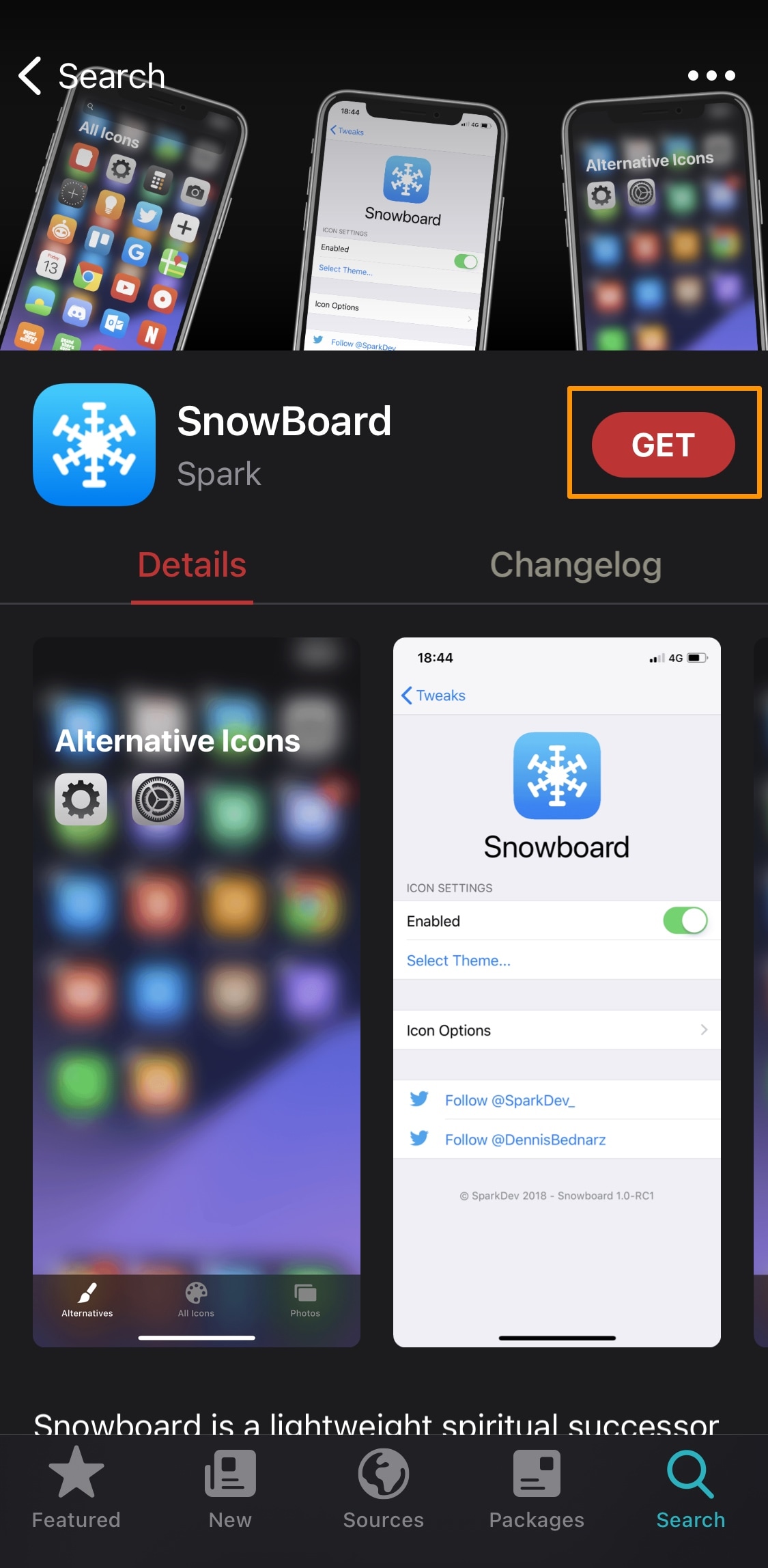 Sileo Get button to download the SnowBoard package.