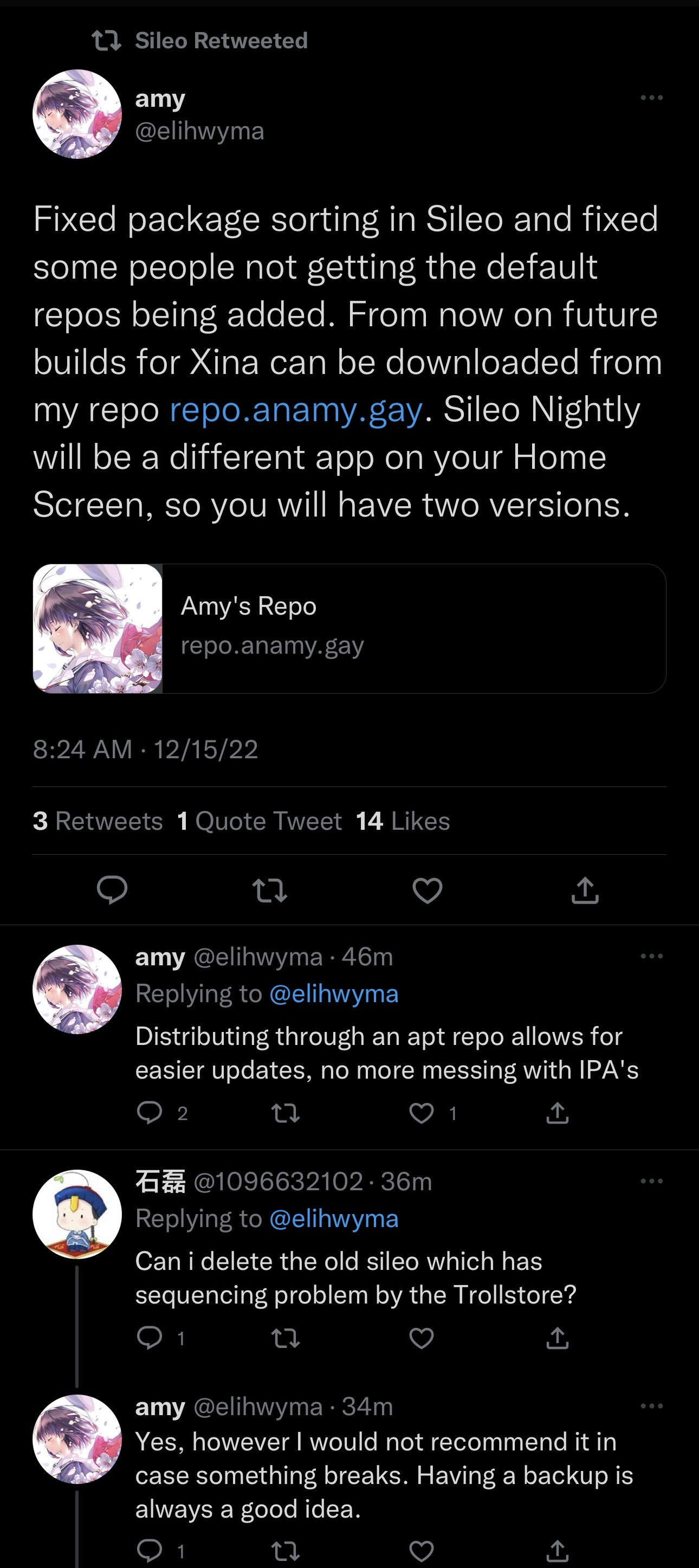Amy While of the Sileo Team announces an update for Sileo for the XinaA15 jailbreak.