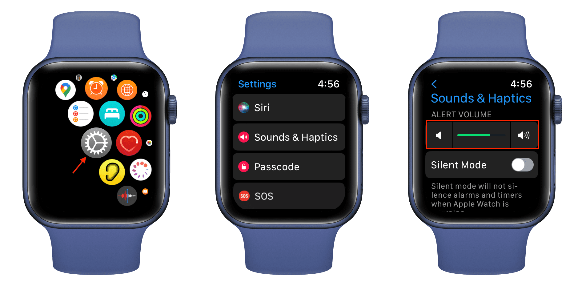 Sounds and Haptics settings on Apple Watch to adjust alerts volume