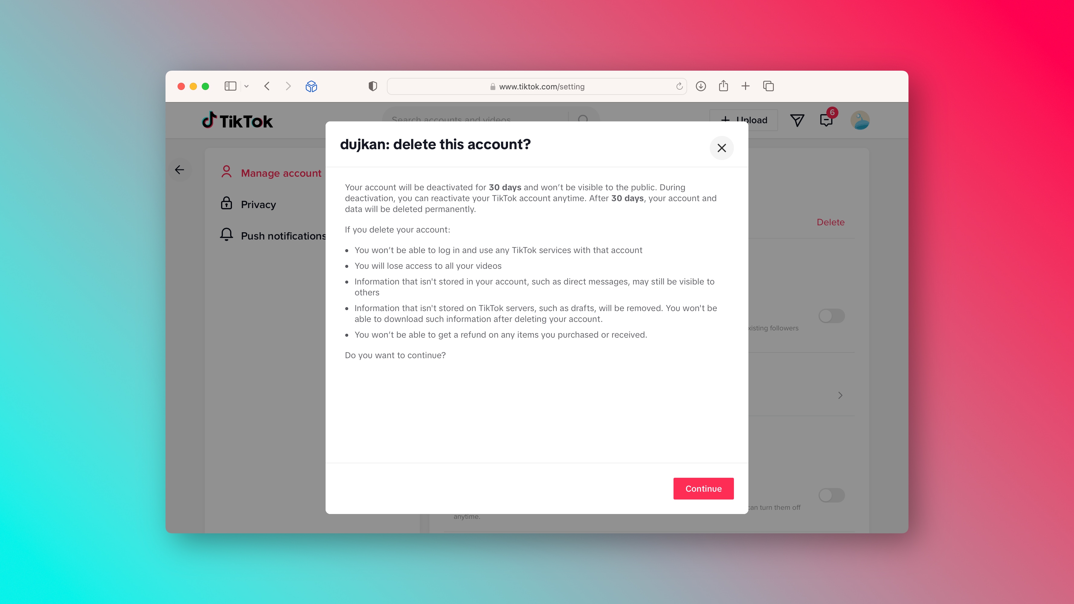 A prompt in TikTok's web interface asking the user to confirm account deletion